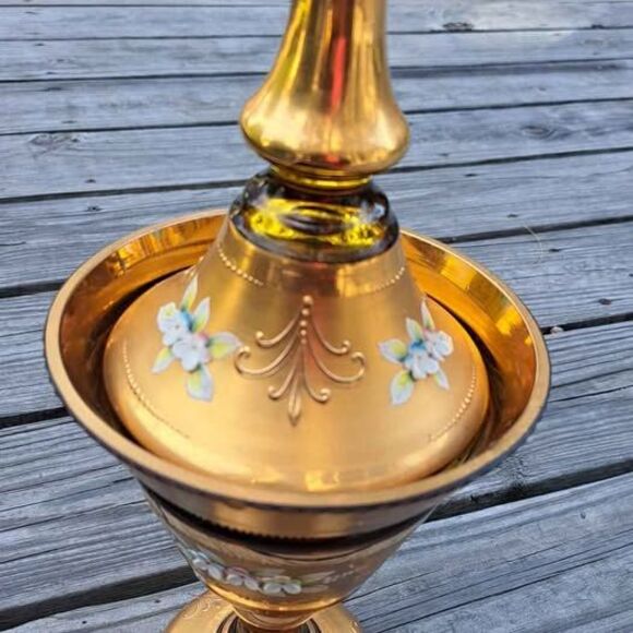 Vintage Other - Antique BOHEMIAN Gold Gilt ENAMEL Amber Glass PEDESTAL Candy Jar Dish W/Lid